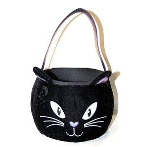 Halloween Celestial Black Cat Felt Plush Trick Treat Candy Bucket Bag Tote Pail